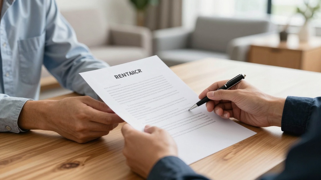 Rental agreement: landlord and tenant reviewing and signing a rental contract at a desk