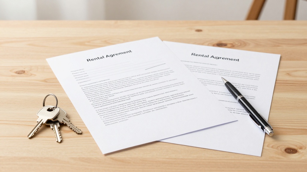 Rental agreement: paperwork and keys on a table, preparing to sign
