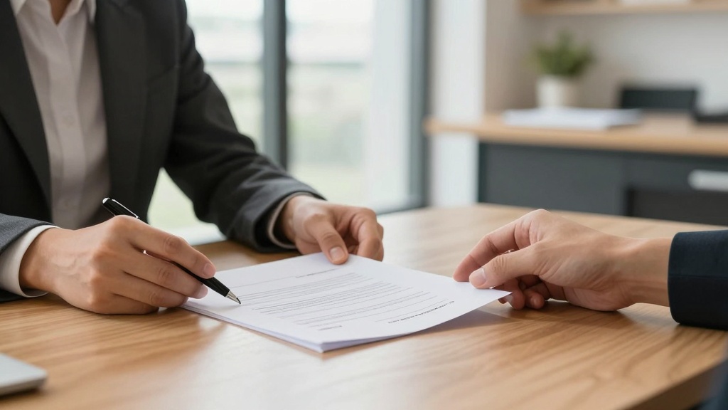 Residential Lease Agreement: close-up of two people sitting at a clean wooden desk, one sliding a printed lease agreement ...