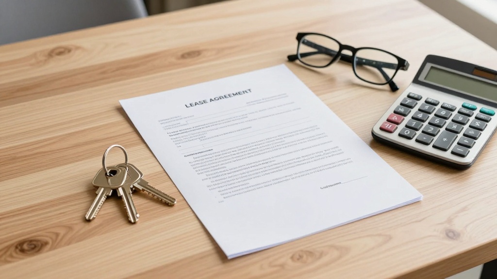 Residential Lease Agreement: flat lay of lease agreement paperwork spread out on a light wooden table, with a set of house...