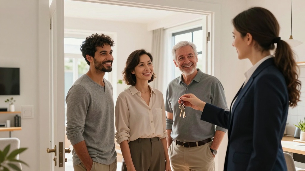 Residential Lease Agreement: diverse group of three adults standing in the doorway of a bright, modern apartment, smiling ...