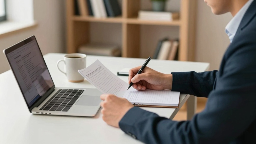 Residential Lease Agreement: person sitting at a modern home office desk with a laptop open, reviewing a document while ta...