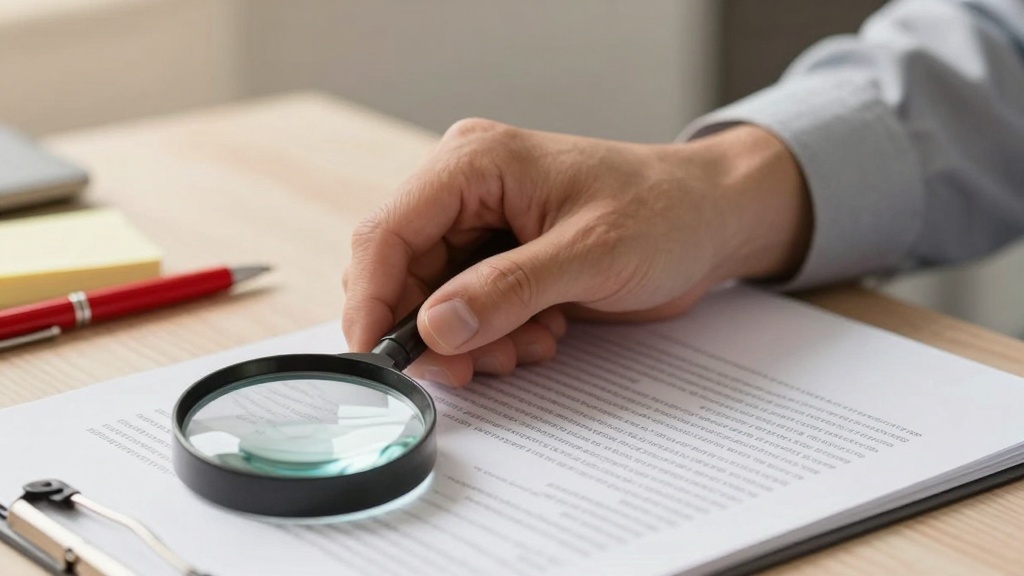 Residential Lease Agreement: close-up of a hand holding a magnifying glass over a printed document on a desk, with a red p...