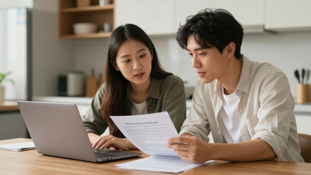 Roommate Agreement: two young adults at a kitchen table with a laptop and printed documents, discussing a roommate agreement