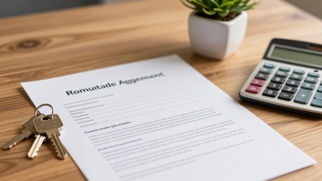Roommate Agreement: flat lay of roommate agreement document, house keys, and calculator on wooden table