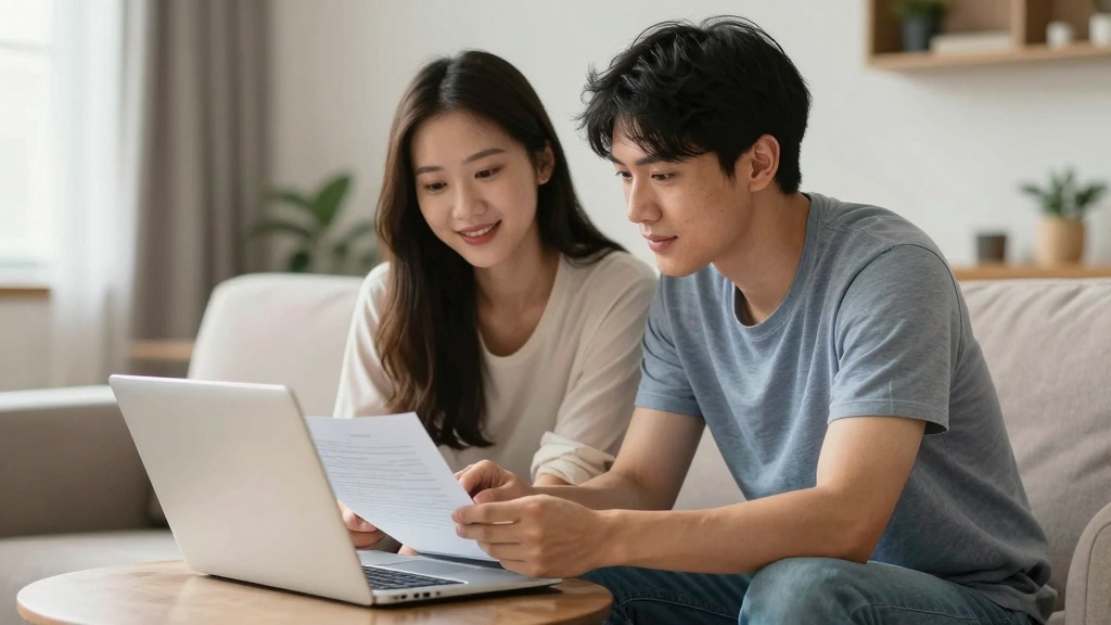 Roommate Agreement: two young adults on a couch with a laptop, discussing and typing on a document together