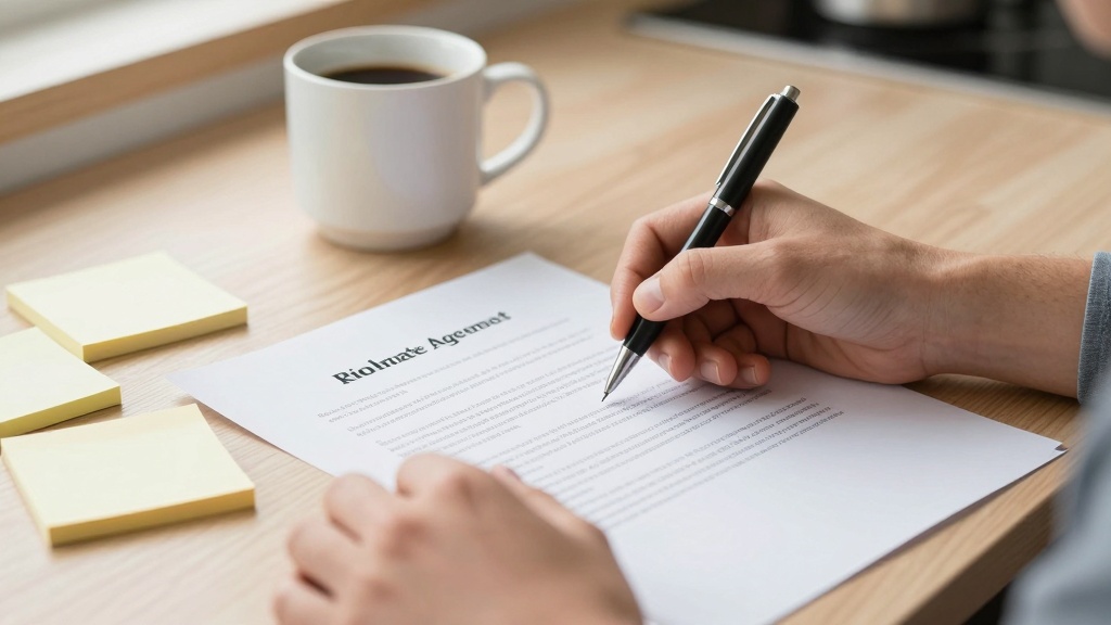 Roommate Agreement: person holding a pen over a roommate agreement document on a desk with sticky notes